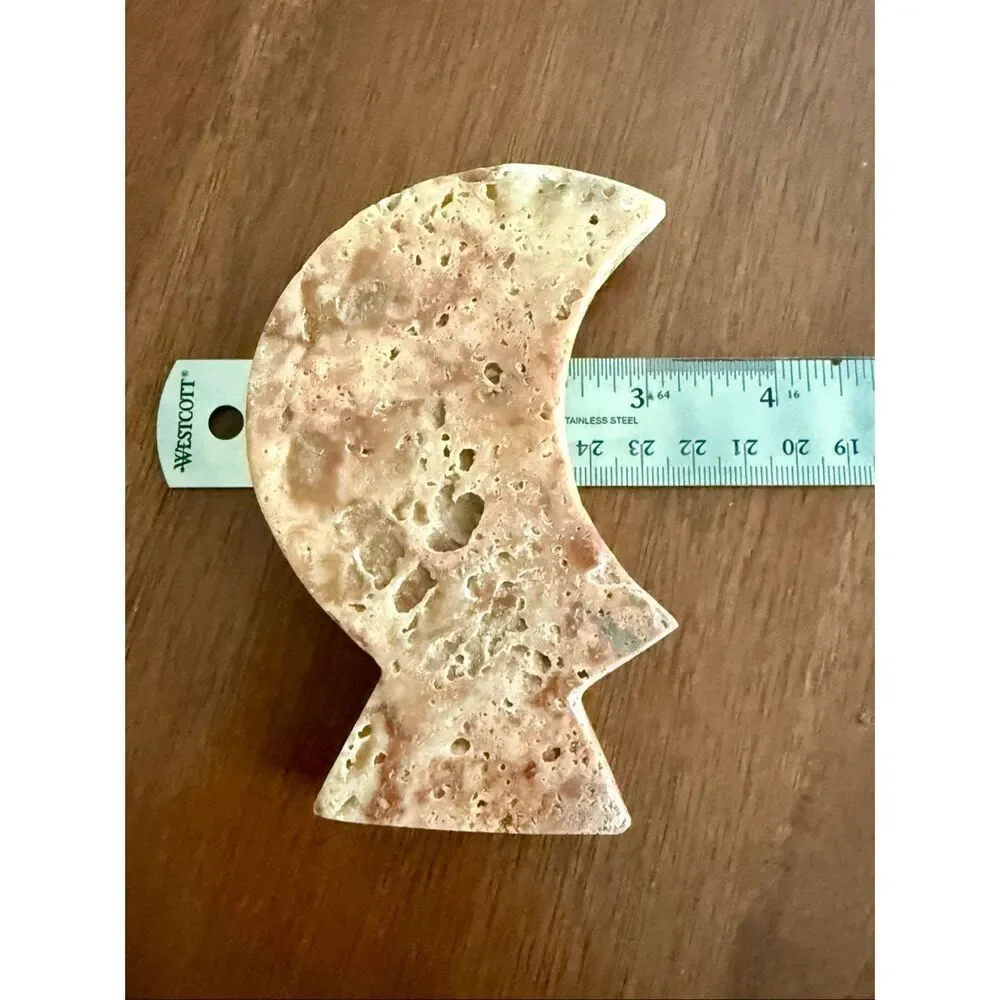 Vintage Natural Travertine Moon Sculpture Hand Carved Stone Crescent Modern Deco
